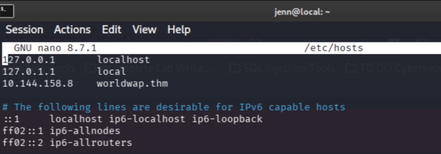 hosts file with worldwap.thm added